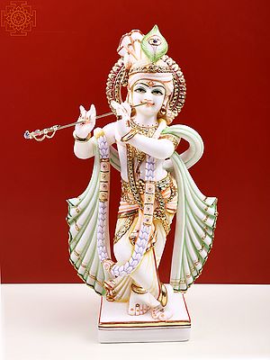 21" White Marble Lord Krishna | Handmade