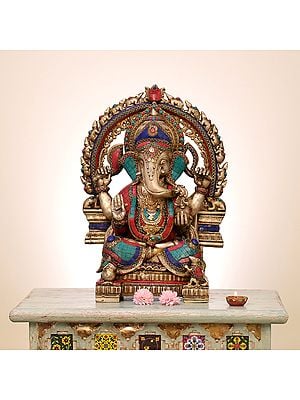 19" Brass Lord Ganesha with Inlay Work | Handmade