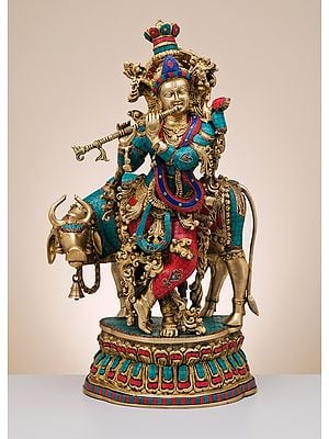 29" Brass Fluting Krishna with His Cow | Handmade