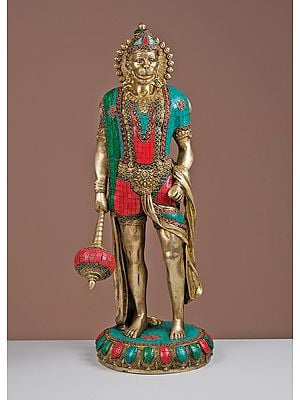 23" Brass Sankat Mochan Hanuman Ji With Inlay Work | Handmade