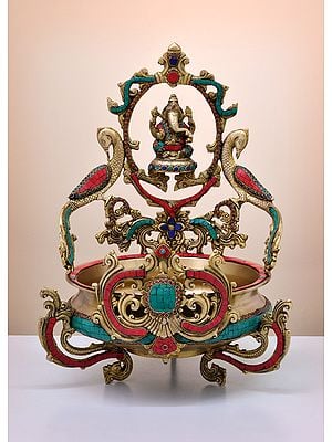 19" Brass Lord Ganesha Urli with Peacock | Handmade