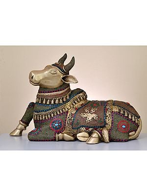21" Brass Nandi Statue with Inlay Work | Handmade