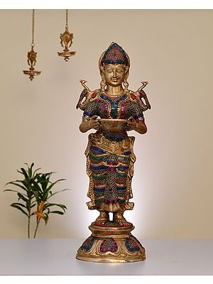 29" Brass Deep Lakshmi With Inlay Work | Handmade