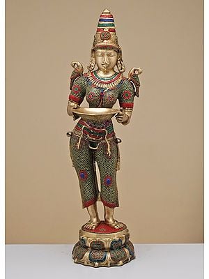 44" Large Brass Statue of Deepalakshmi with Inlay Work | Handmade