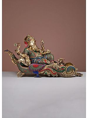 17" Relaxing Ganesha Brass Statue with Inlay Work | Handmade