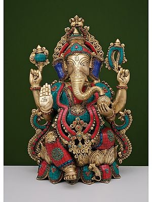 21" Brass Lord Ganesha Seated on Lotus with Inlay Work | Handmade