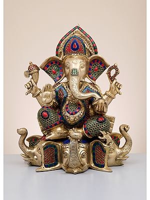 17" Brass Lord Ganesha Seated on Elephant Pedestal with Inlay Work | Handmade