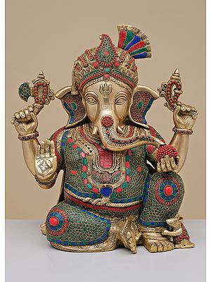 21" Brass Pagdi Ganesha with Inlay Work | Handmade