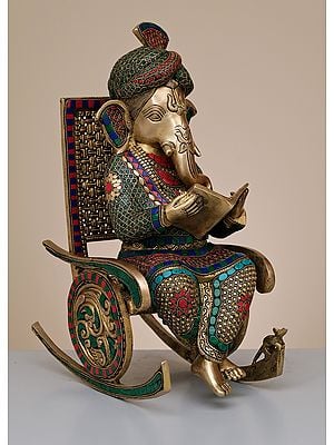 15" Brass Ganesha On Rocking Chair with Inlay Work | Handmade