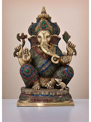 16" Brass Crown Ganesh (Left Trunk) with Inlay Work | Handmade