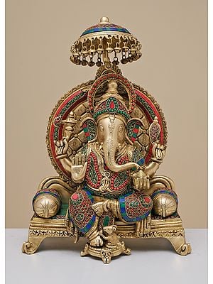 17" Brass Ganesha Seated on Singhasan with Inlay Work | Handmade