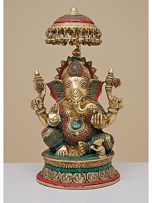16" Brass King Ganesha with Inlay Work | Handmade