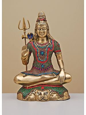 21" Brass Blessing Lord Shiva Seated on a Mountain with Inlay Work | Handmade