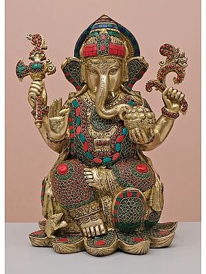 16" Brass Lord Ganesha Seated on Lotus with Inlay Work | Handmade