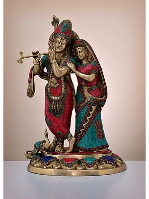 16" Brass Radha Krishna with Inlay Work | Handmade