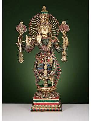 24" Brass Fluting Krishna with Vaishnava Symbol | Handmade