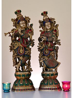 29" Brass Radha Krishna with Inlay Work (Pair) | Handmade