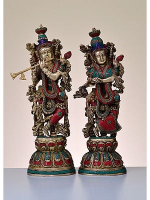 20" Brass Radha Krishna with Inlay Work | Handmade