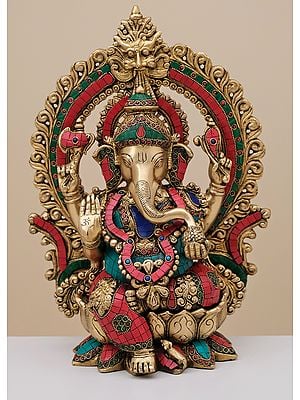 15" Brass Lord Ganesha Seated on Lotus with Arch | Handmade
