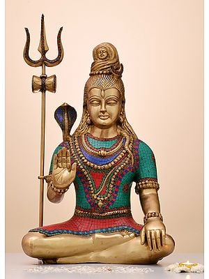 30" Brass Blessing Lord Shiva with Inlay Work | Handmade