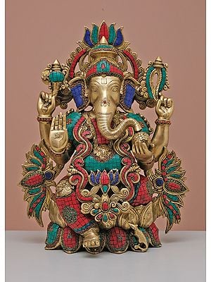 21" Brass Lord Ganesha Seated on Lotus with Inlay Work | Handmade