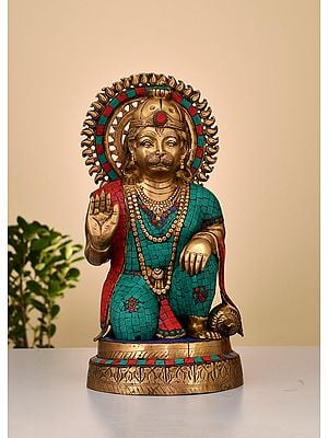 19" Brass Hanuman Ji With Inlay Work | Handmade