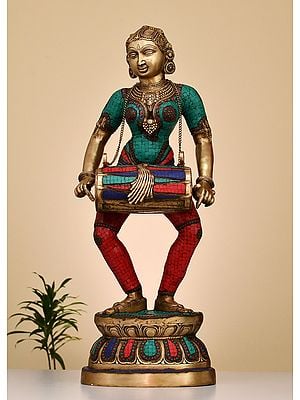 38" Large Brass Lady with Dholak | Handmade
