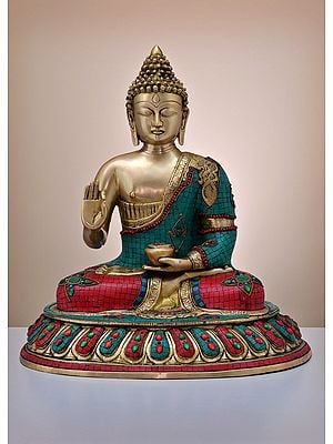 20" Brass Gautam Buddha Preaching His Dharma with Inlay Work | Handmade
