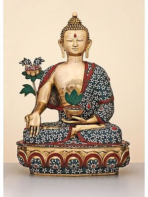 34" Large Brass Medicine Buddha with Inlay Work | Handmade