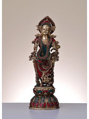 18" Brass Goddess Radha with Inlay Work | Handmade