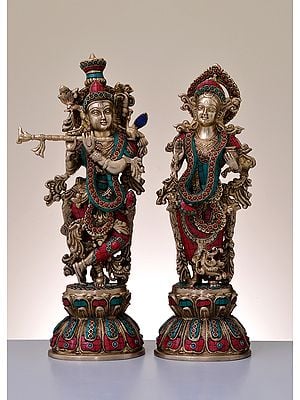 18" Brass Radha Krishna with Inlay Work | Handmade