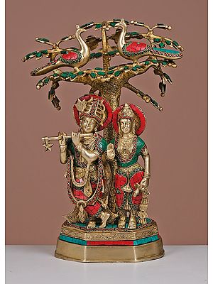 19" Brass Radha Krishna Standing Under Tree with Inlay Work | Handmade