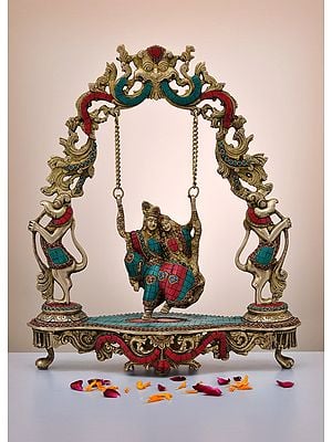 18" Brass Swing Radha Krishna with Inlay Work | Handmade