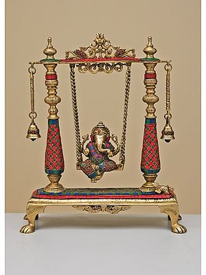 16" Brass Swing Lord Ganesha with Inlay Work | Handmade