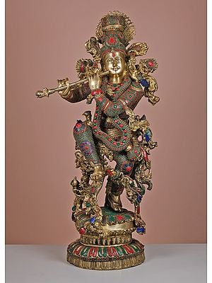 43" Large Brass Fluting Krishna with His Cow | Handmade
