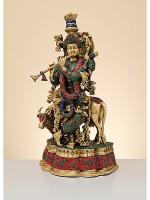 23" Brass Fluting Krishna with His Cow | Handmade