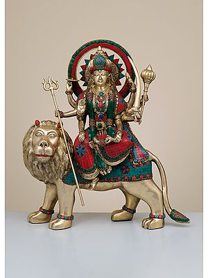 22" Brass Durga Maa with Inlay Work | Handmade