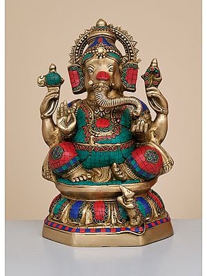 15" Brass Lord Ganesha with Inlay Work | Handmade