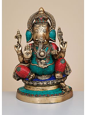 17" Brass Lord Ganesha Seated on Oval Base with Inlay Work | Handmade