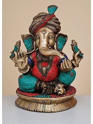 20" Brass Pagdi Ganesha with Inlay Work | Handmade