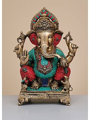 17" Brass Lord Ganesha Seated on Chowki with Inlay Work | Handmade