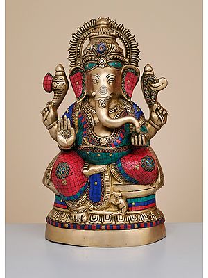 20" Brass Lord Ganesha Seated on Oval Base with Inlay Work | Handmade