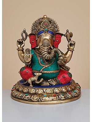 16" Brass Lord Ganesha Half Round Base with Inlay Work | Handmade
