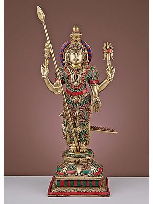 19" Brass Lord Karttikeya (Murugan) with Inlay Work | Handmade