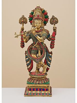 19" Brass Fluting Krishna with Vaishnava Symbol | Handmade
