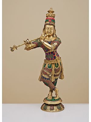 23" Brass Fluting Krishna with Inlay Work | Handmade