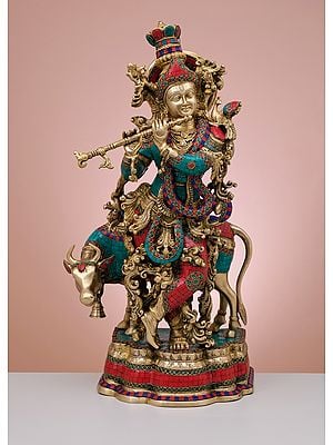 27" Brass Fluting Krishna with His Cow | Handmade