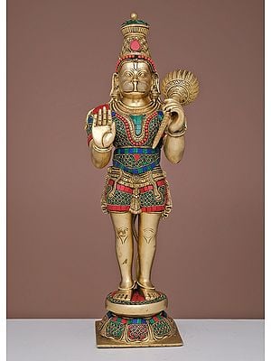 21" Brass Sankat Mochan Hanuman Ji With Inlay Work | Handmade