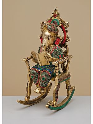 17" Brass Ganesha On Rocking Chair with Inlay Work | Handmade