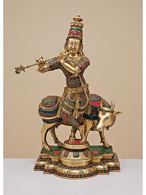 26" Brass Fluting Krishna with His Cow | Handmade